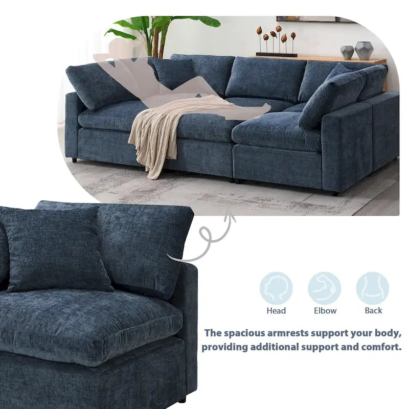 6-Seat Modular Chenille Sectional Sofa Bed with Ottoman, 130"L x 65"D, Convertible U-Shape, 330 LBS Capacity, Dark Blue