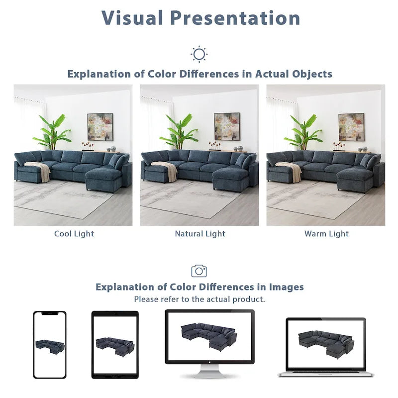 6-Seat Modular Chenille Sectional Sofa Bed with Ottoman, 130"L x 65"D, Convertible U-Shape, 330 LBS Capacity, Dark Blue