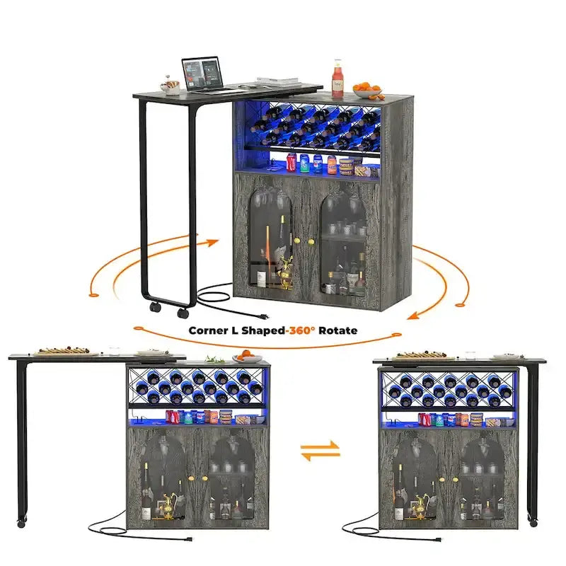 Folding Kitchen Island - 60.8"W Extended - Built-in Cabinet - Wine Holder - USB Charging Port - LED Light 6000 Modes - Counter Table Bar - Space-Saving Design