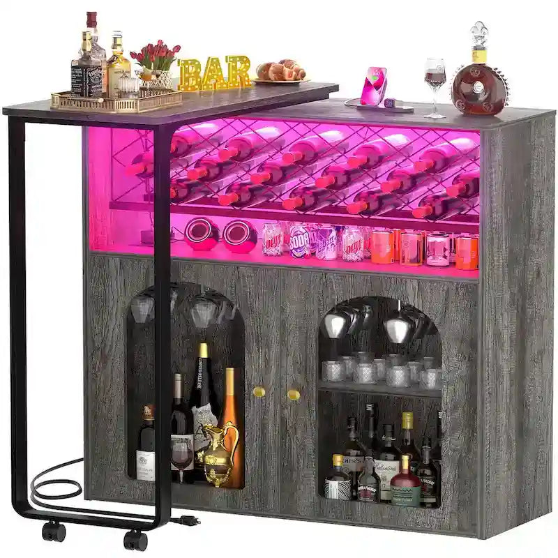 Folding Kitchen Island - 60.8"W Extended - Built-in Cabinet - Wine Holder - USB Charging Port - LED Light 6000 Modes - Counter Table Bar - Space-Saving Design