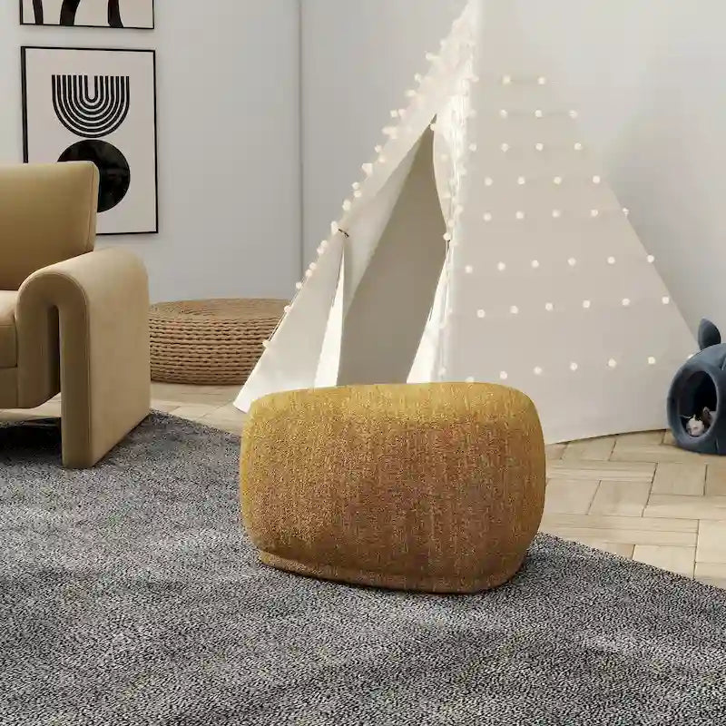 Rounded Triangle Ottoman 26"W, Oblong Pebble Shape, 250 LBS Capacity, Polyester Tweed, Modern Cocktail Footrest Bench