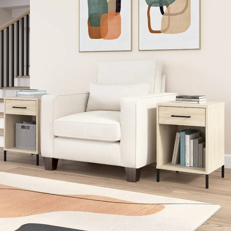 Modern End Table with Drawer & Shelf, 50 LBS Capacity, Ball-Bearing Slides, Steel Feet, 3.9" Robot Vacuum Clearance