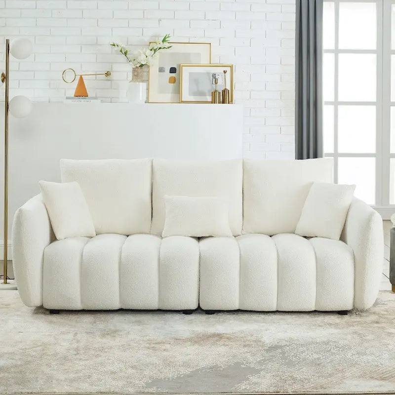 82" Teddy Fabric Sofa with 3 Pillows & Cushions, 750 LBS Capacity, Solid Wood Frame, High-Resilience Foam, Modern Style