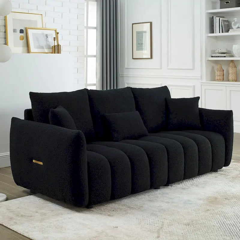 82" Teddy Fabric Sofa with 3 Pillows & Cushions, 750 LBS Capacity, Solid Wood Frame, High-Resilience Foam, Modern Style