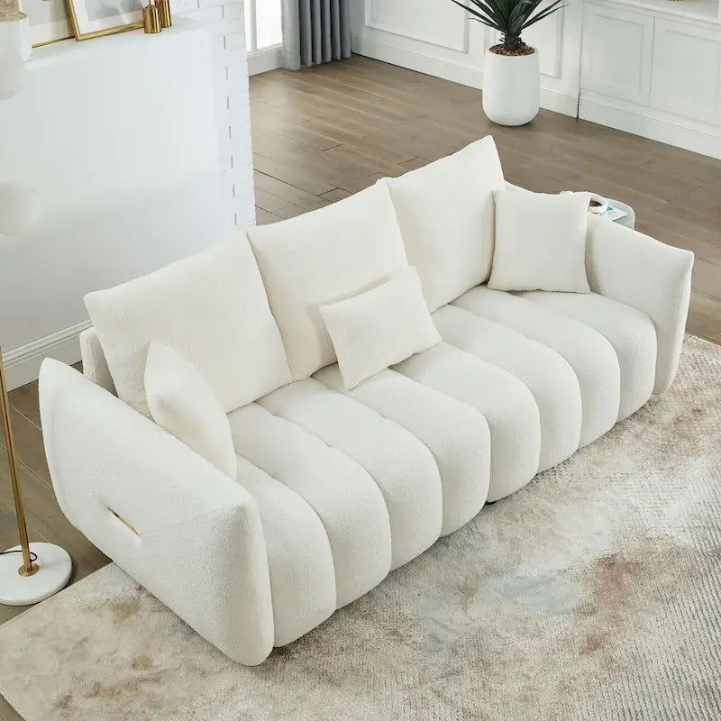 82" Teddy Fabric Sofa with 3 Pillows & Cushions, 750 LBS Capacity, Solid Wood Frame, High-Resilience Foam, Modern Style