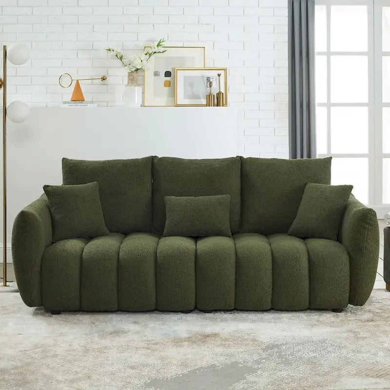 82" Teddy Fabric Sofa with 3 Pillows & Cushions, 750 LBS Capacity, Solid Wood Frame, High-Resilience Foam, Modern Style