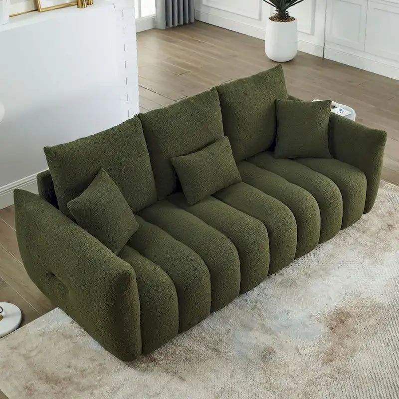 82" Teddy Fabric Sofa with 3 Pillows & Cushions, 750 LBS Capacity, Solid Wood Frame, High-Resilience Foam, Modern Style
