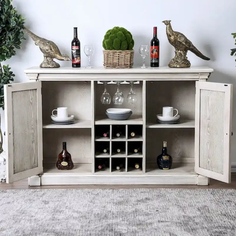 57" Rustic Farmhouse Buffet Server - Antique White, Barn Doors, Wine Rack for 9 Bottles, Stemware Rack, Solid Wood