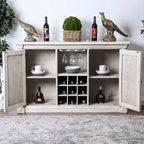 57" Rustic Farmhouse Buffet Server - Antique White, Barn Doors, Wine Rack for 9 Bottles, Stemware Rack, Solid Wood