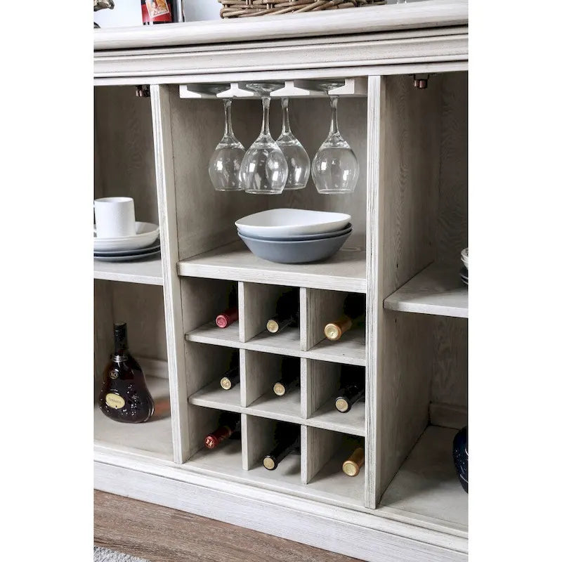 57" Rustic Farmhouse Buffet Server - Antique White, Barn Doors, Wine Rack for 9 Bottles, Stemware Rack, Solid Wood