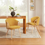 Modern Dining Chairs Set of 2 with Wooden Armrests, Chenille Upholstered, 265 lbs Capacity, Natural Finish