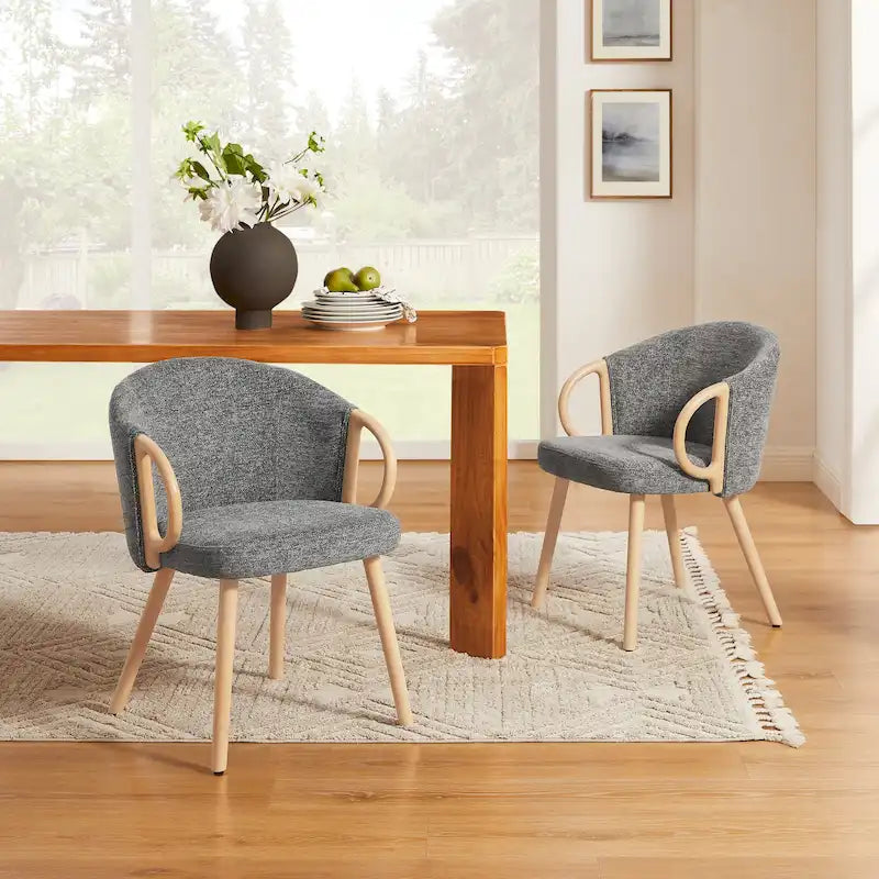 Modern Dining Chairs Set of 2 with Wooden Armrests, Chenille Upholstered, 265 lbs Capacity, Natural Finish