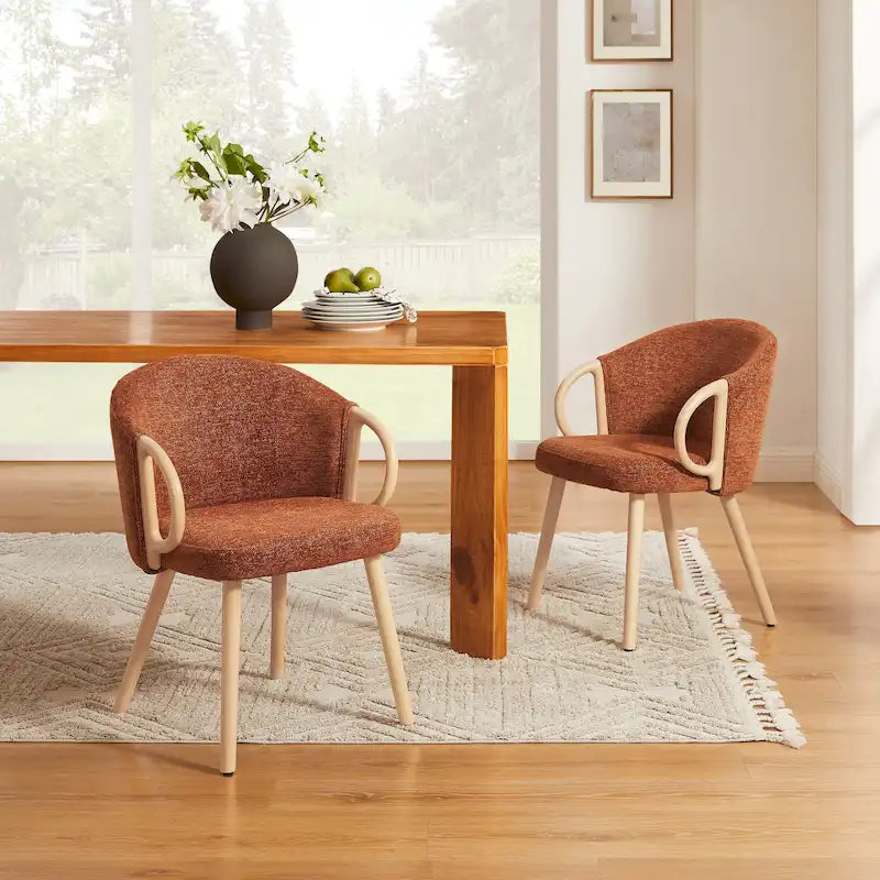 Modern Dining Chairs Set of 2 with Wooden Armrests, Chenille Upholstered, 265 lbs Capacity, Natural Finish