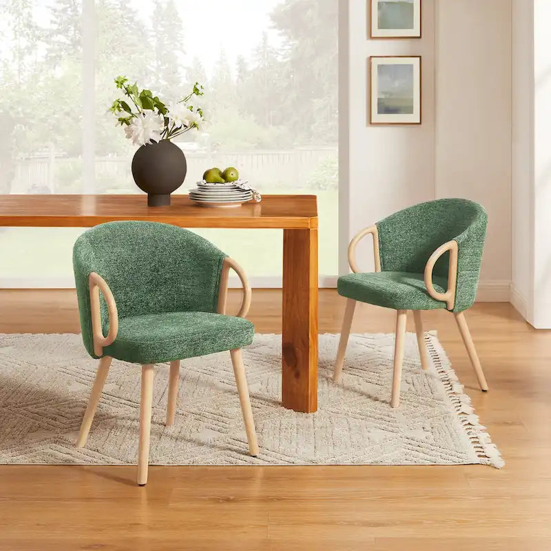Modern Dining Chairs Set of 2 with Wooden Armrests, Chenille Upholstered, 265 lbs Capacity, Natural Finish