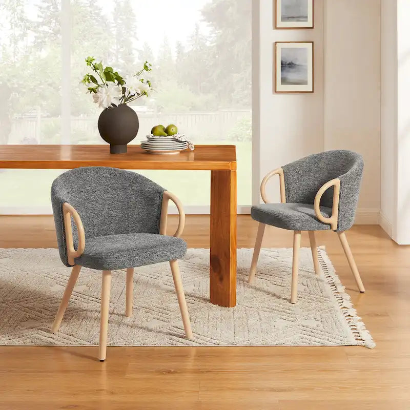 Modern Dining Chairs Set of 2 with Wooden Armrests, Chenille Upholstered, 265 lbs Capacity, Natural Finish