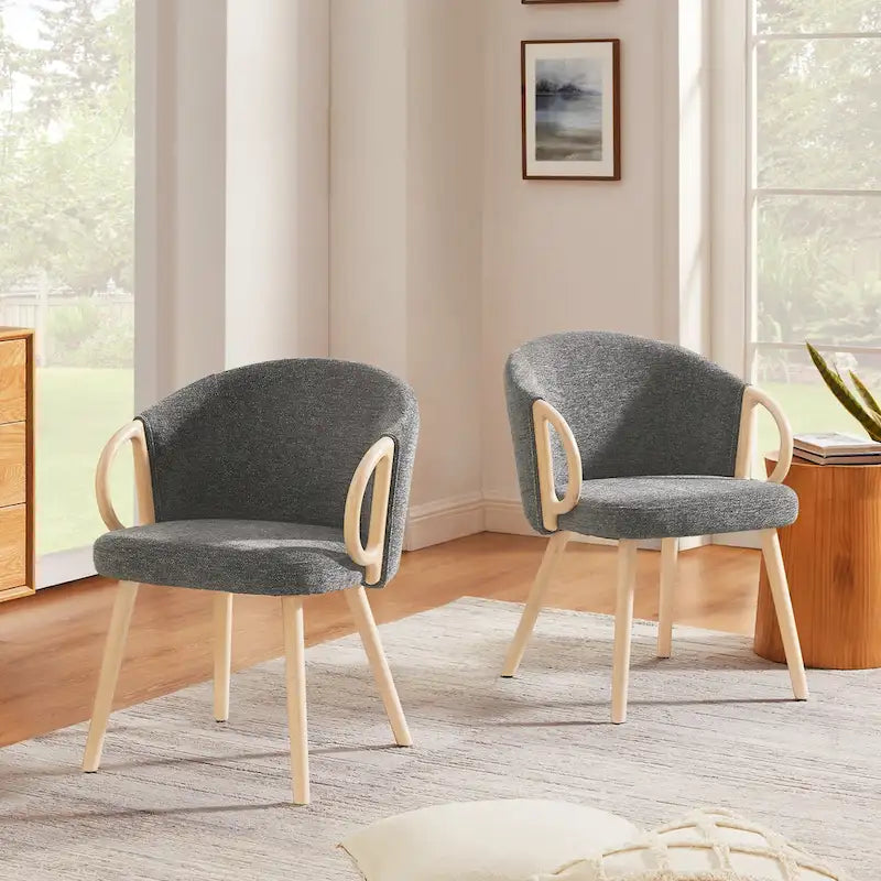 Modern Dining Chairs Set of 2 with Wooden Armrests, Chenille Upholstered, 265 lbs Capacity, Natural Finish