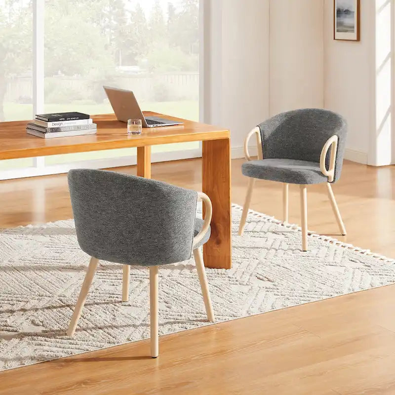 Modern Dining Chairs Set of 2 with Wooden Armrests, Chenille Upholstered, 265 lbs Capacity, Natural Finish