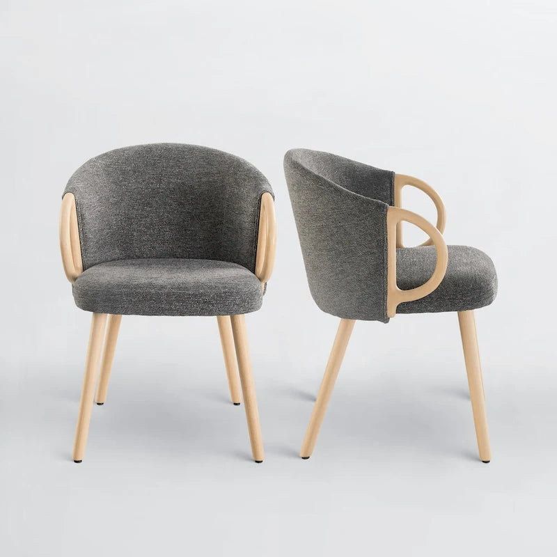 Modern Dining Chairs Set of 2 with Wooden Armrests, Chenille Upholstered, 265 lbs Capacity, Natural Finish