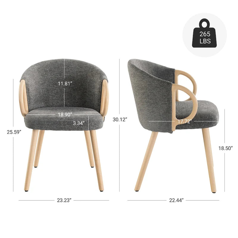 Modern Dining Chairs Set of 2 with Wooden Armrests, Chenille Upholstered, 265 lbs Capacity, Natural Finish