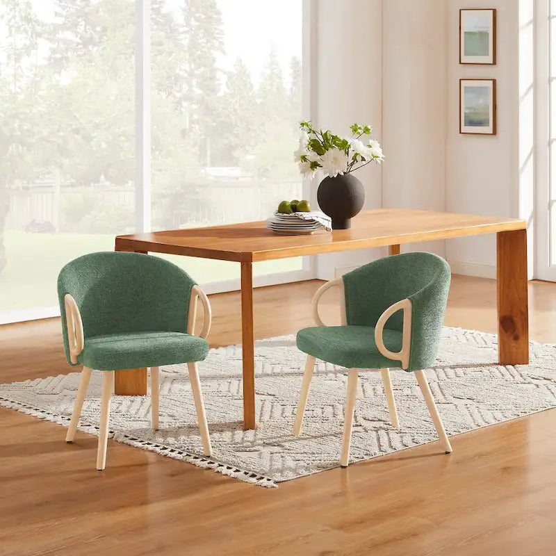 Modern Dining Chairs Set of 2 with Wooden Armrests, Chenille Upholstered, 265 lbs Capacity, Natural Finish