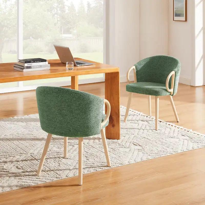 Modern Dining Chairs Set of 2 with Wooden Armrests, Chenille Upholstered, 265 lbs Capacity, Natural Finish