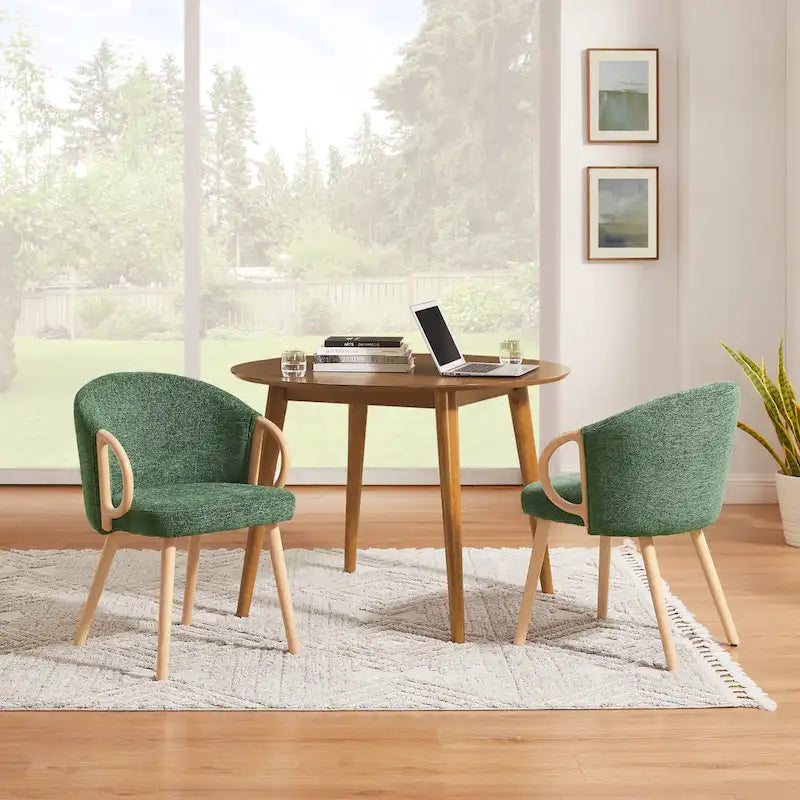 Modern Dining Chairs Set of 2 with Wooden Armrests, Chenille Upholstered, 265 lbs Capacity, Natural Finish