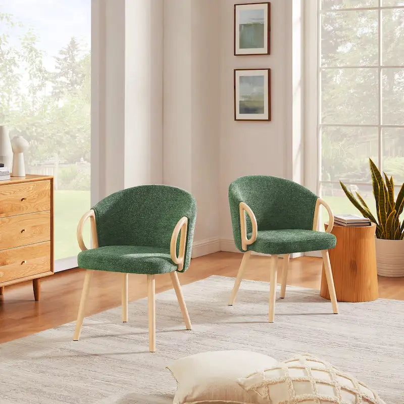 Modern Dining Chairs Set of 2 with Wooden Armrests, Chenille Upholstered, 265 lbs Capacity, Natural Finish
