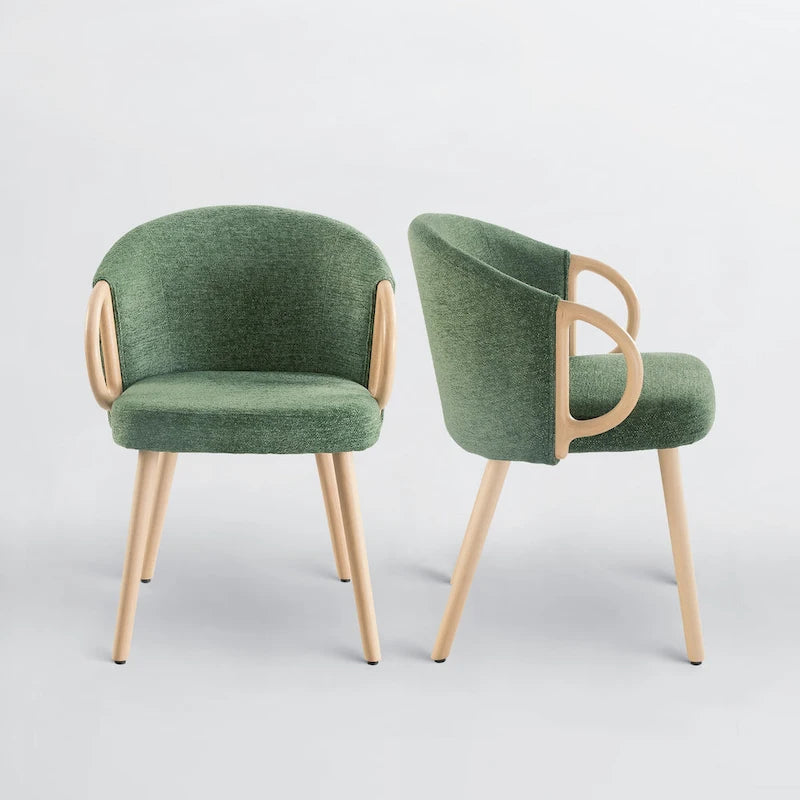 Modern Dining Chairs Set of 2 with Wooden Armrests, Chenille Upholstered, 265 lbs Capacity, Natural Finish