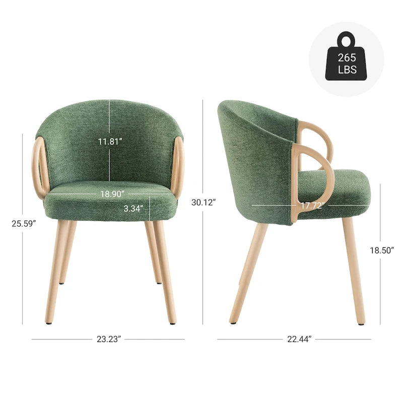Modern Dining Chairs Set of 2 with Wooden Armrests, Chenille Upholstered, 265 lbs Capacity, Natural Finish