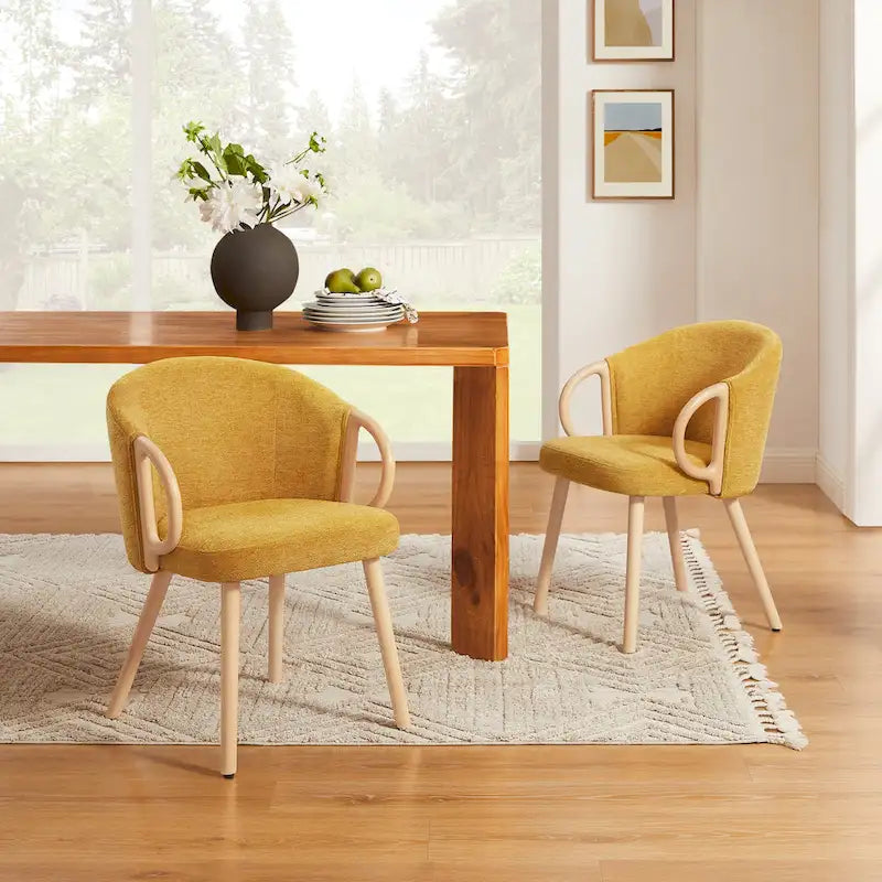 Modern Dining Chairs Set of 2 with Wooden Armrests, Chenille Upholstered, 265 lbs Capacity, Natural Finish