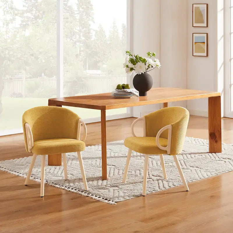 Modern Dining Chairs Set of 2 with Wooden Armrests, Chenille Upholstered, 265 lbs Capacity, Natural Finish