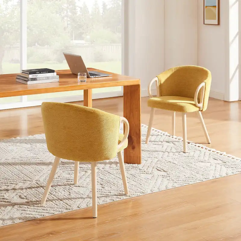 Modern Dining Chairs Set of 2 with Wooden Armrests, Chenille Upholstered, 265 lbs Capacity, Natural Finish