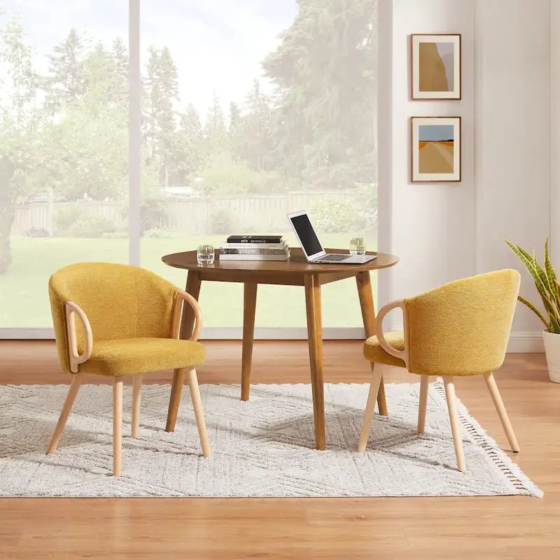 Modern Dining Chairs Set of 2 with Wooden Armrests, Chenille Upholstered, 265 lbs Capacity, Natural Finish