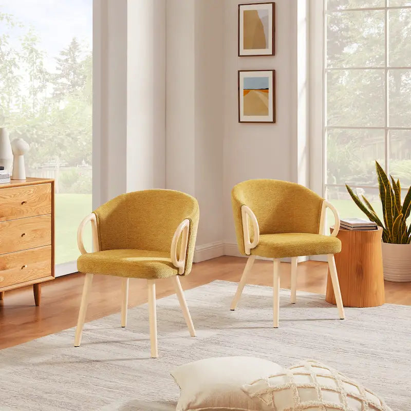 Modern Dining Chairs Set of 2 with Wooden Armrests, Chenille Upholstered, 265 lbs Capacity, Natural Finish