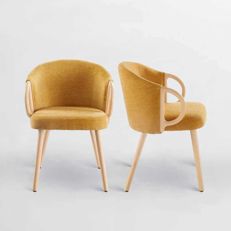 Modern Dining Chairs Set of 2 with Wooden Armrests, Chenille Upholstered, 265 lbs Capacity, Natural Finish