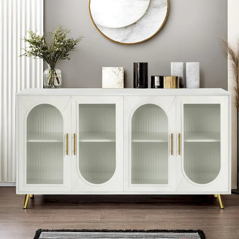 60" Wood TV Stand for 65" TVs - Storage Cabinet, Adjustable Shelves, Gold-Plated Legs, Vintage Medieval Style