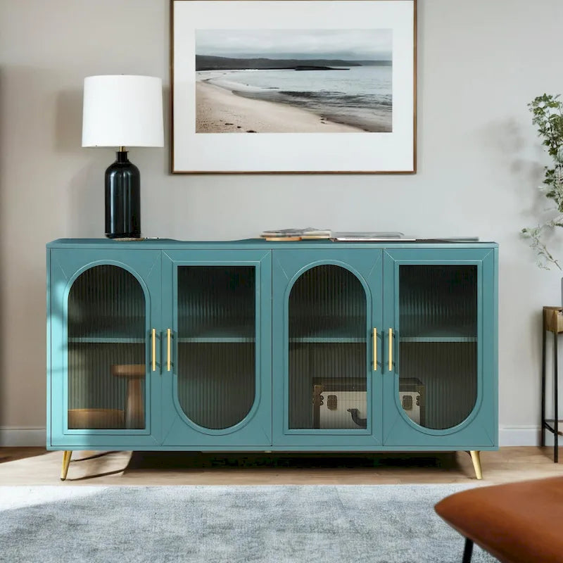 60" Wood TV Stand for 65" TVs - Storage Cabinet, Adjustable Shelves, Gold-Plated Legs, Vintage Medieval Style