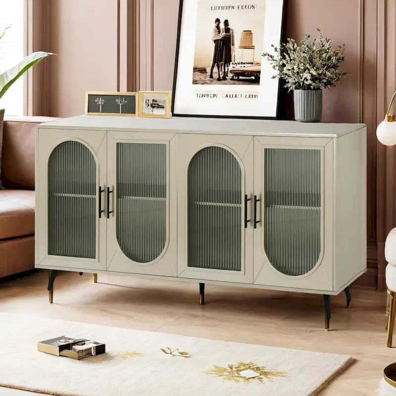 60" Wood TV Stand for 65" TVs - Storage Cabinet, Adjustable Shelves, Gold-Plated Legs, Vintage Medieval Style