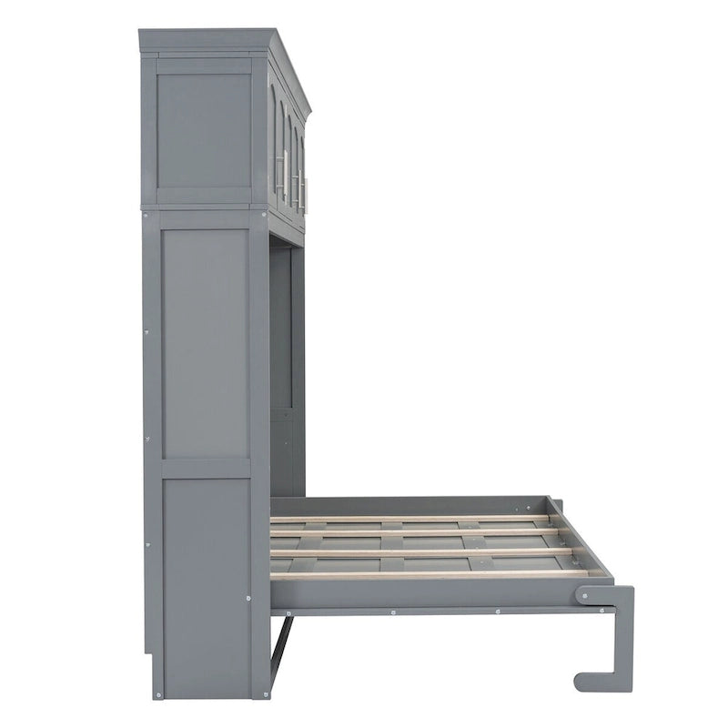 Murphy Bed Foldable Wall Bed Cabinet - Gray MDF & Metal Frame, Pine Slats, 1000lbs Capacity, 8-10" Mattress - Space-Saving Folding Bed, No Box Spring