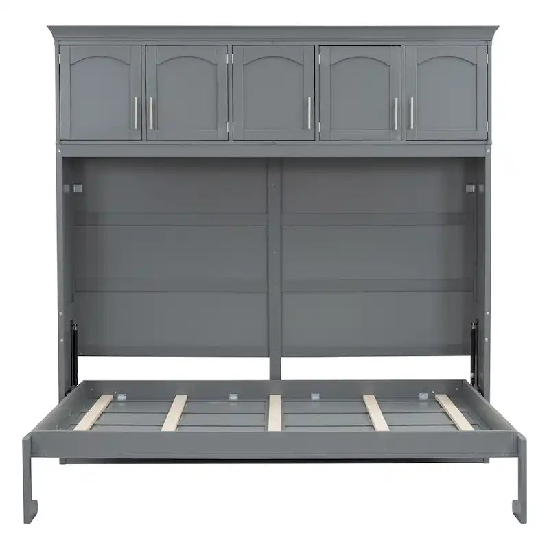 Murphy Bed Foldable Wall Bed Cabinet - Gray MDF & Metal Frame, Pine Slats, 1000lbs Capacity, 8-10" Mattress - Space-Saving Folding Bed, No Box Spring
