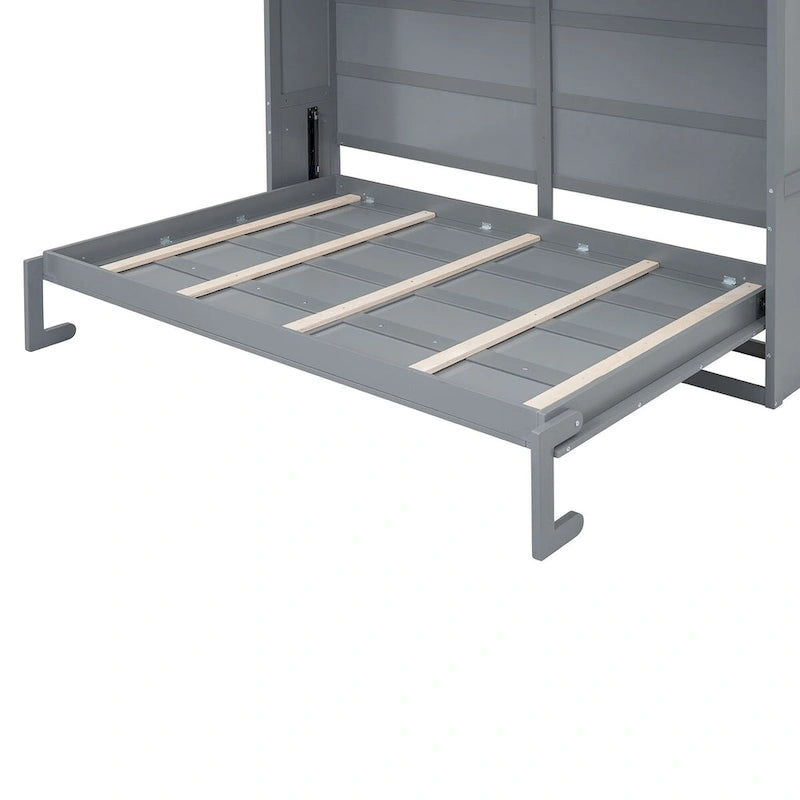 Murphy Bed Foldable Wall Bed Cabinet - Gray MDF & Metal Frame, Pine Slats, 1000lbs Capacity, 8-10" Mattress - Space-Saving Folding Bed, No Box Spring