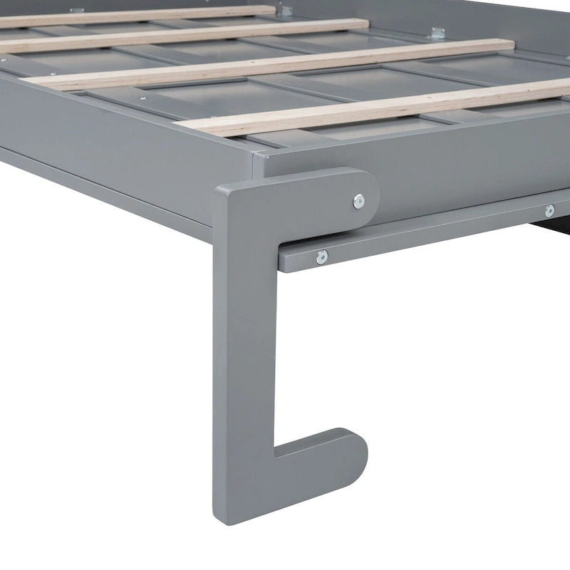 Murphy Bed Foldable Wall Bed Cabinet - Gray MDF & Metal Frame, Pine Slats, 1000lbs Capacity, 8-10" Mattress - Space-Saving Folding Bed, No Box Spring