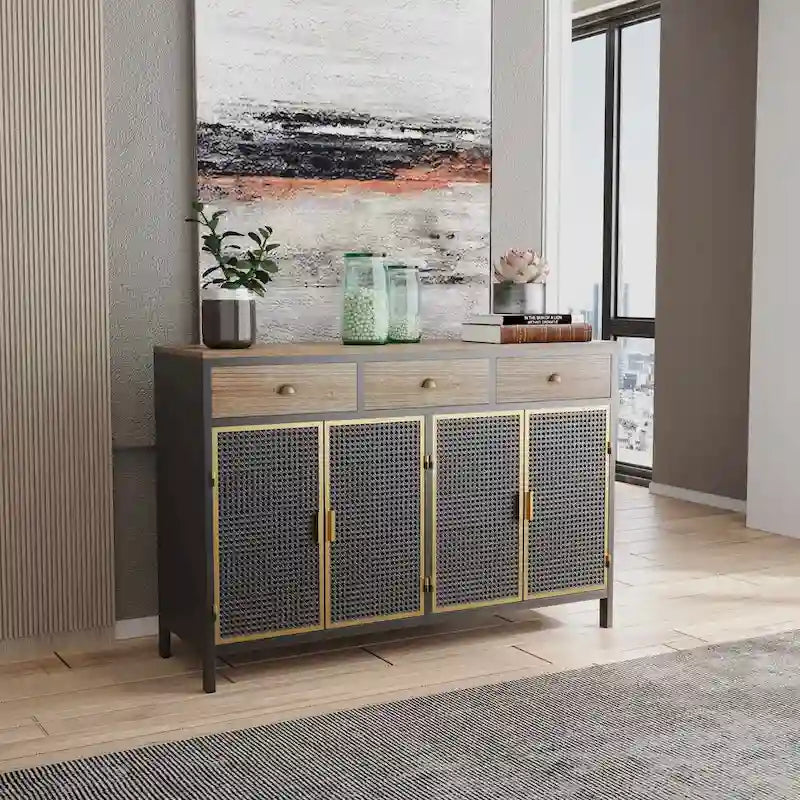 Modern Sideboard Storage Cabinet with 3 Drawers & 2 Doors, Dark Gray Iron & Wood Buffet Table