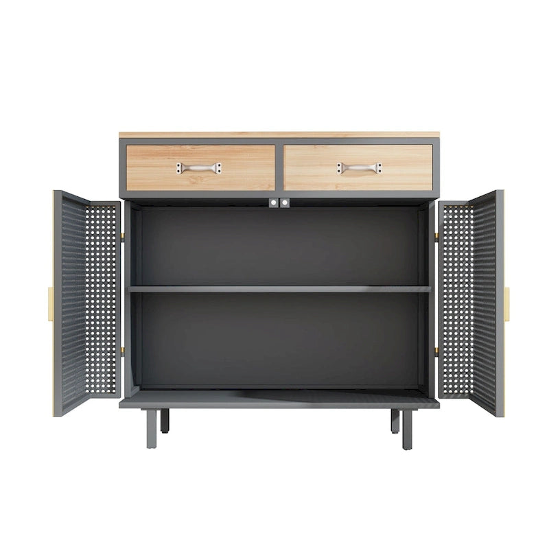 Modern Sideboard Storage Cabinet with 3 Drawers & 2 Doors, Dark Gray Iron & Wood Buffet Table