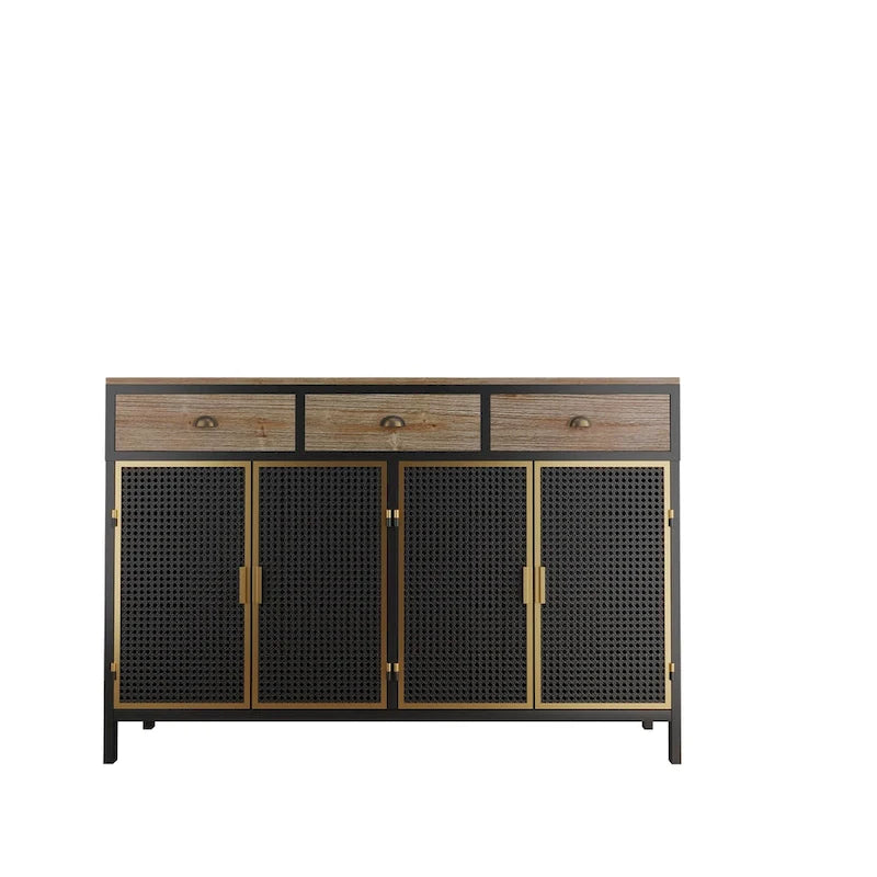 Modern Sideboard Storage Cabinet with 3 Drawers & 2 Doors, Dark Gray Iron & Wood Buffet Table