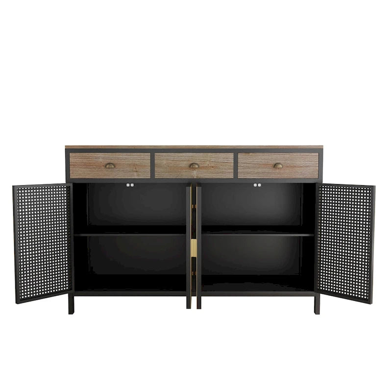 Modern Sideboard Storage Cabinet with 3 Drawers & 2 Doors, Dark Gray Iron & Wood Buffet Table