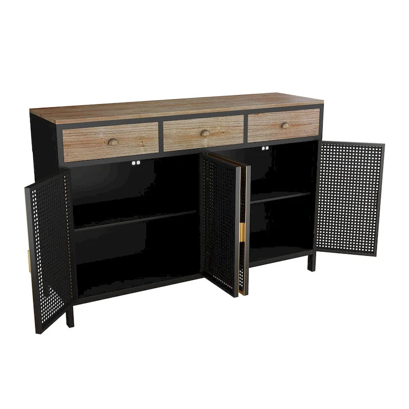 Modern Sideboard Storage Cabinet with 3 Drawers & 2 Doors, Dark Gray Iron & Wood Buffet Table