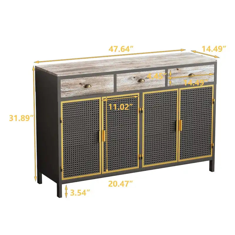Modern Sideboard Storage Cabinet with 3 Drawers & 2 Doors, Dark Gray Iron & Wood Buffet Table