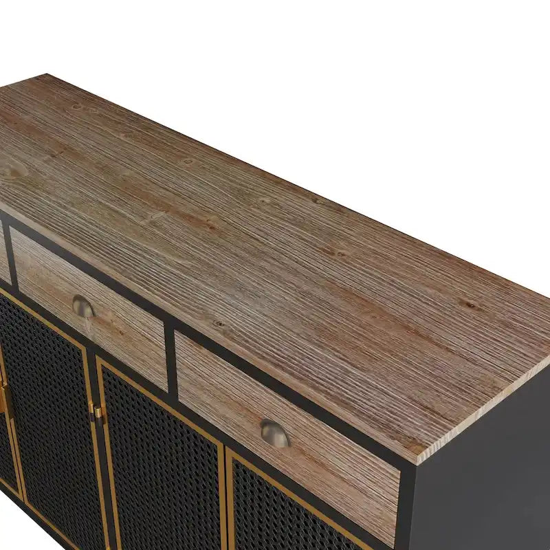 Modern Sideboard Storage Cabinet with 3 Drawers & 2 Doors, Dark Gray Iron & Wood Buffet Table