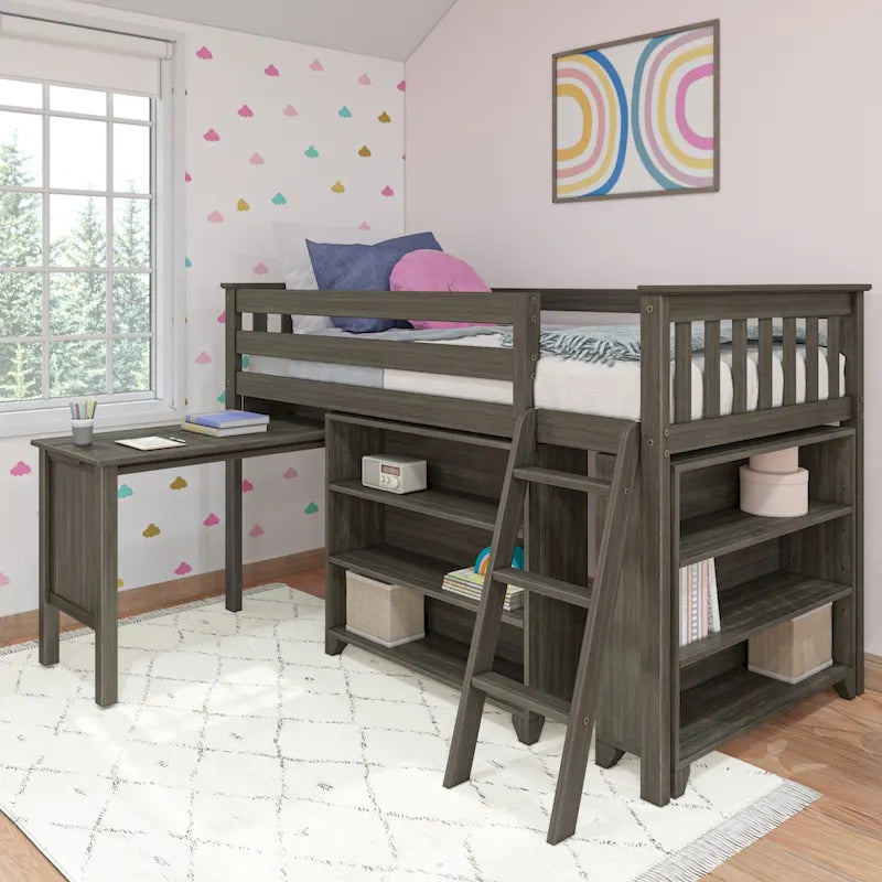 Twin Low Loft Bed with Pull-Out Desk & 3-Shelf Bookcases - 50" Solid Wood Frame, 14" Guardrails, 400lbs Capacity for Kids Room